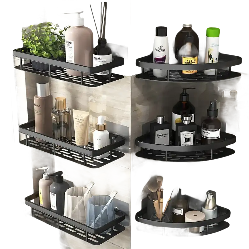 Black metal bathroom shelves.