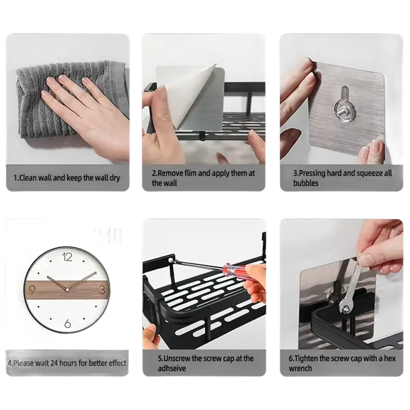 Installation instructions for a bathroom shelf.