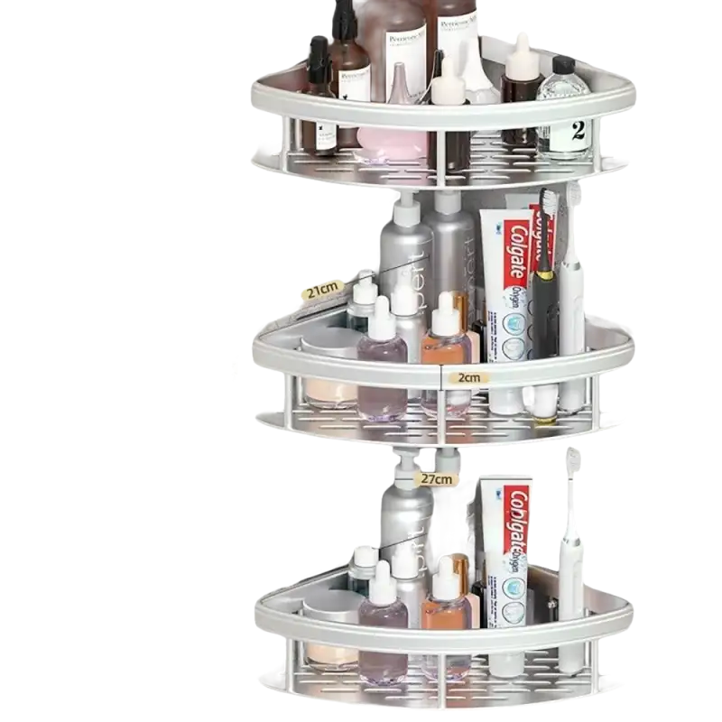 Three-tiered corner bathroom shelf.