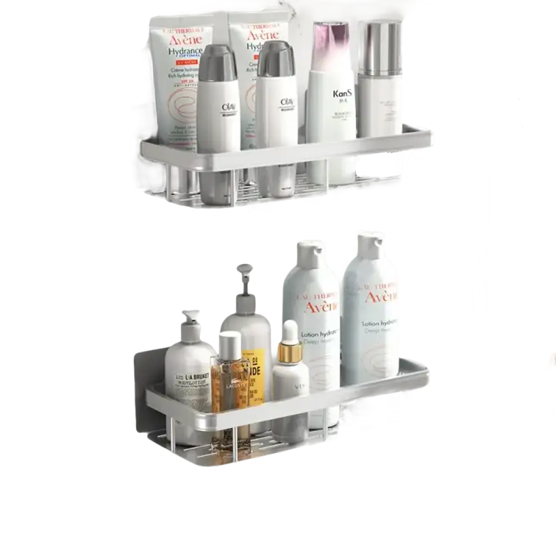 Silver bathroom shelves with toiletries.