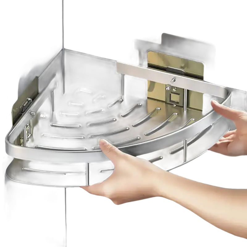 Silver corner shower caddy.