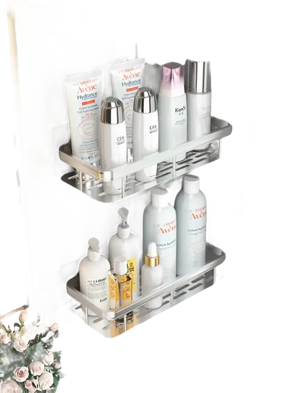 Two-tiered aluminum bathroom shelves filled with toiletries.