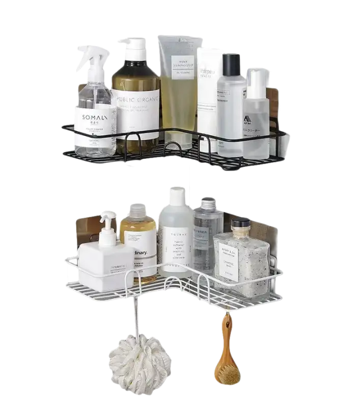 Corner bathroom shelves with toiletries.