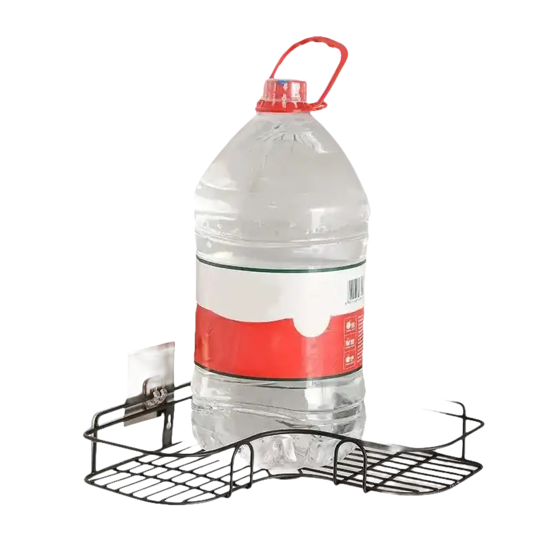 Black wire corner shelf holding a large water bottle.