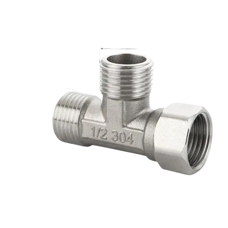 Metal T-shaped pipe fitting with dimensions.
