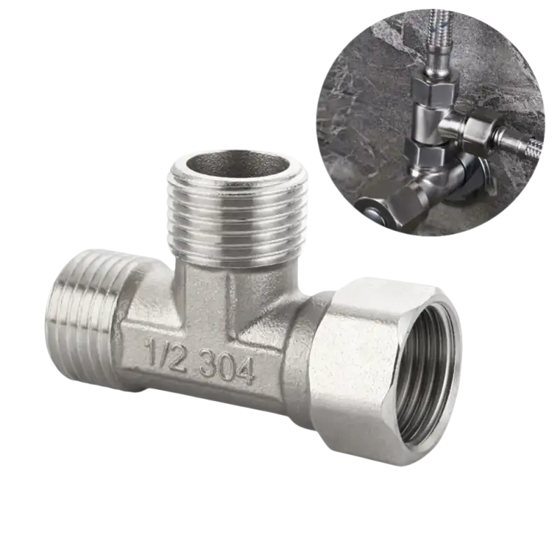 Silver metal T-fitting.