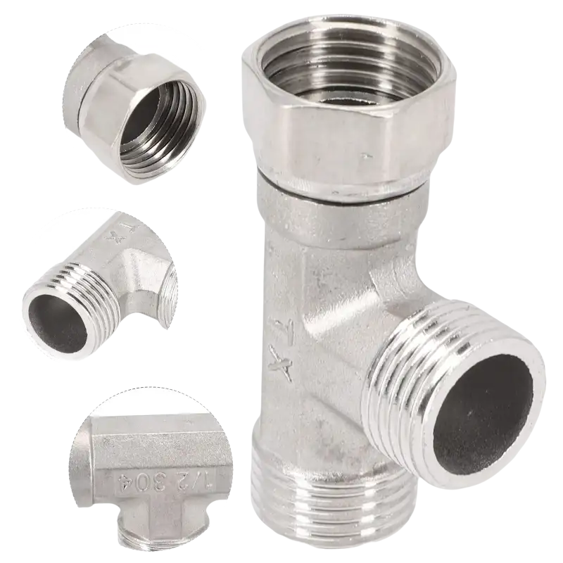 Silver metal T-fitting.