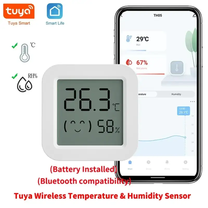 Wireless Tuya Temperature Humidity Sensor with trendy mini LCD display for easy monitoring