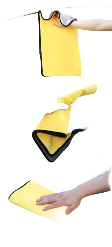 Yellow microfiber cleaning cloth with black trim.