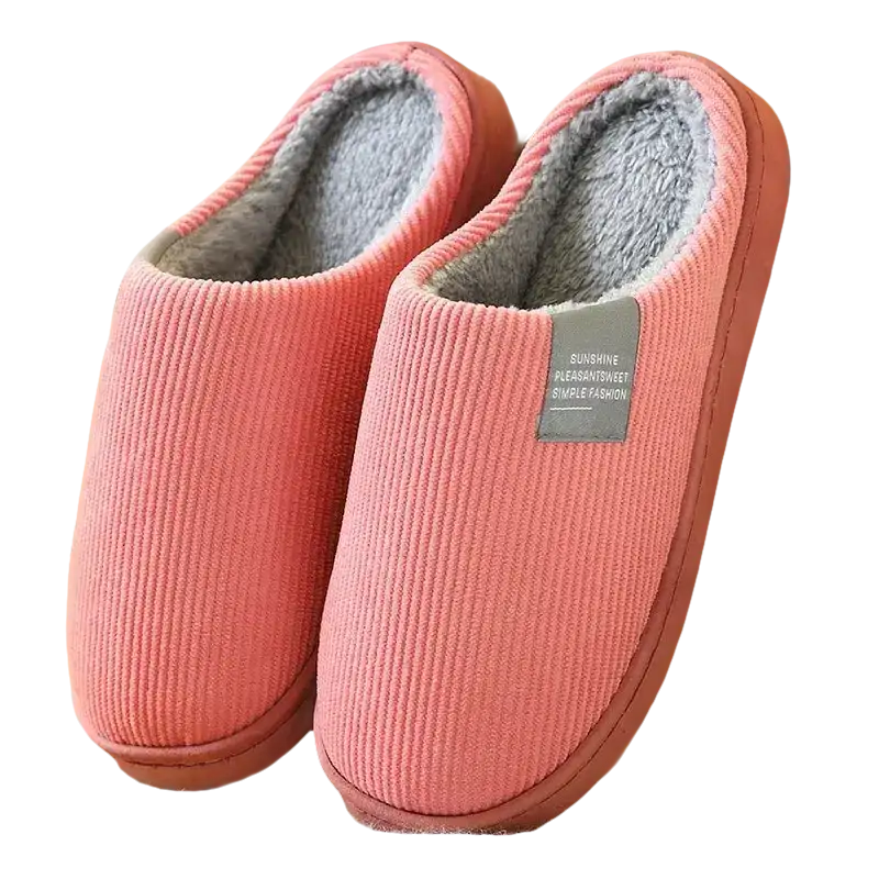 Pair of pink corduroy slippers with gray plush lining.