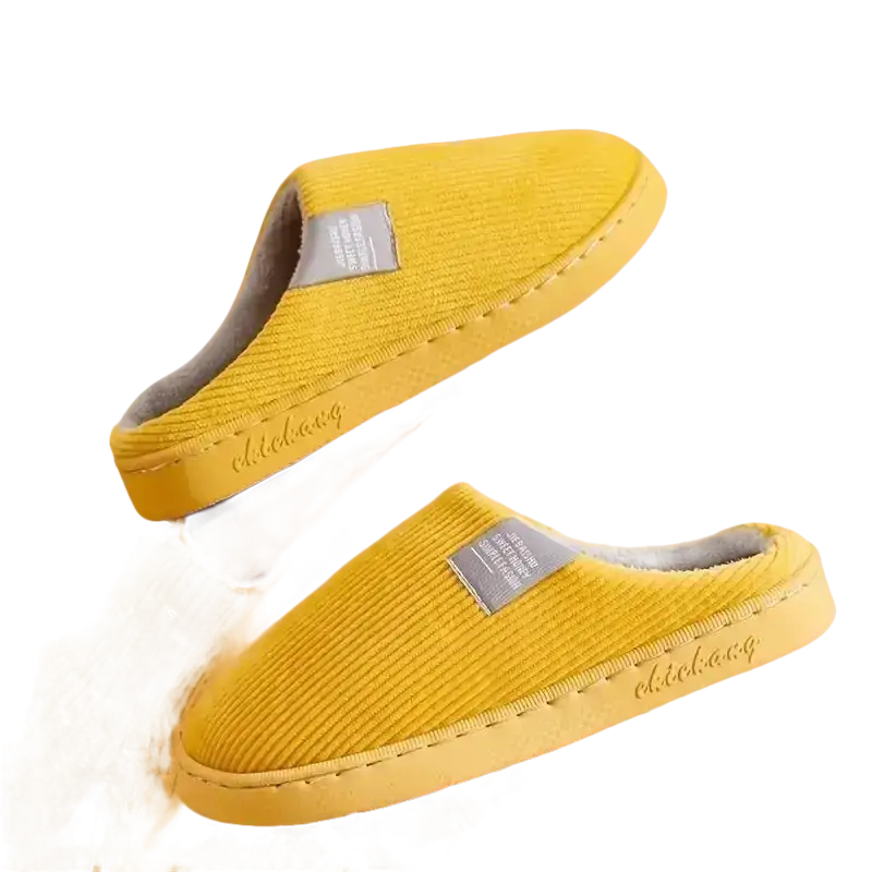Yellow corduroy house slippers.