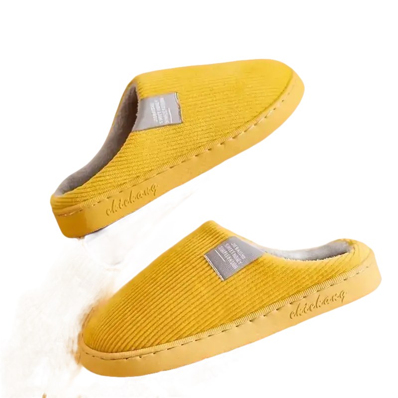 Yellow corduroy slippers.