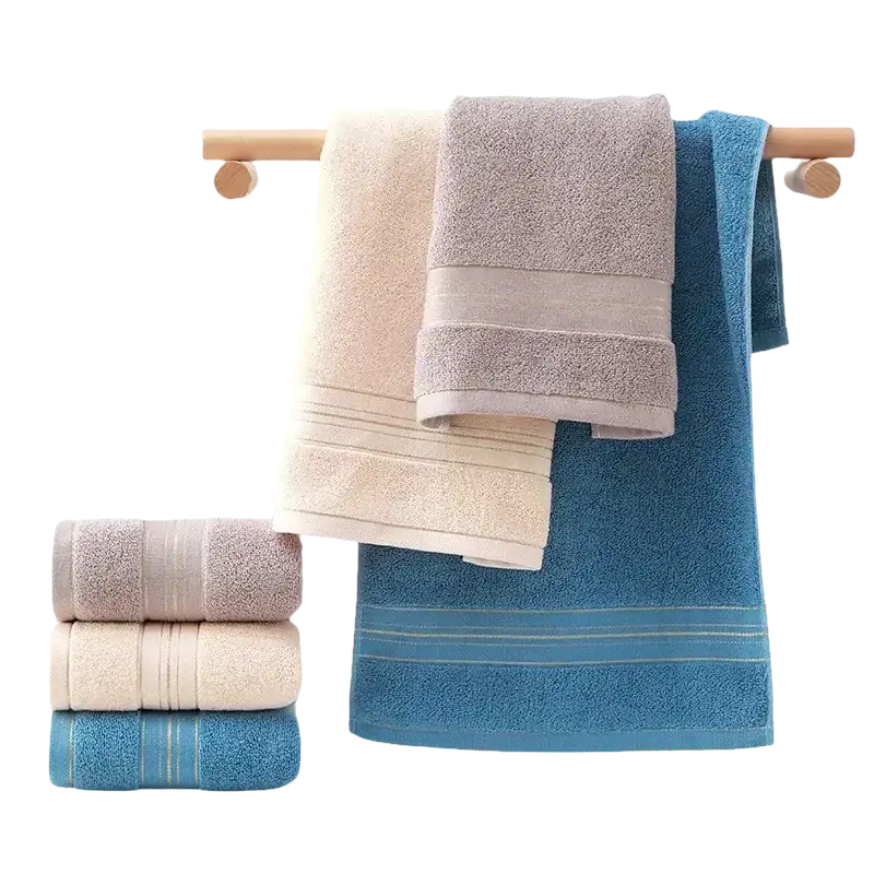 Stacked and hanging towels.