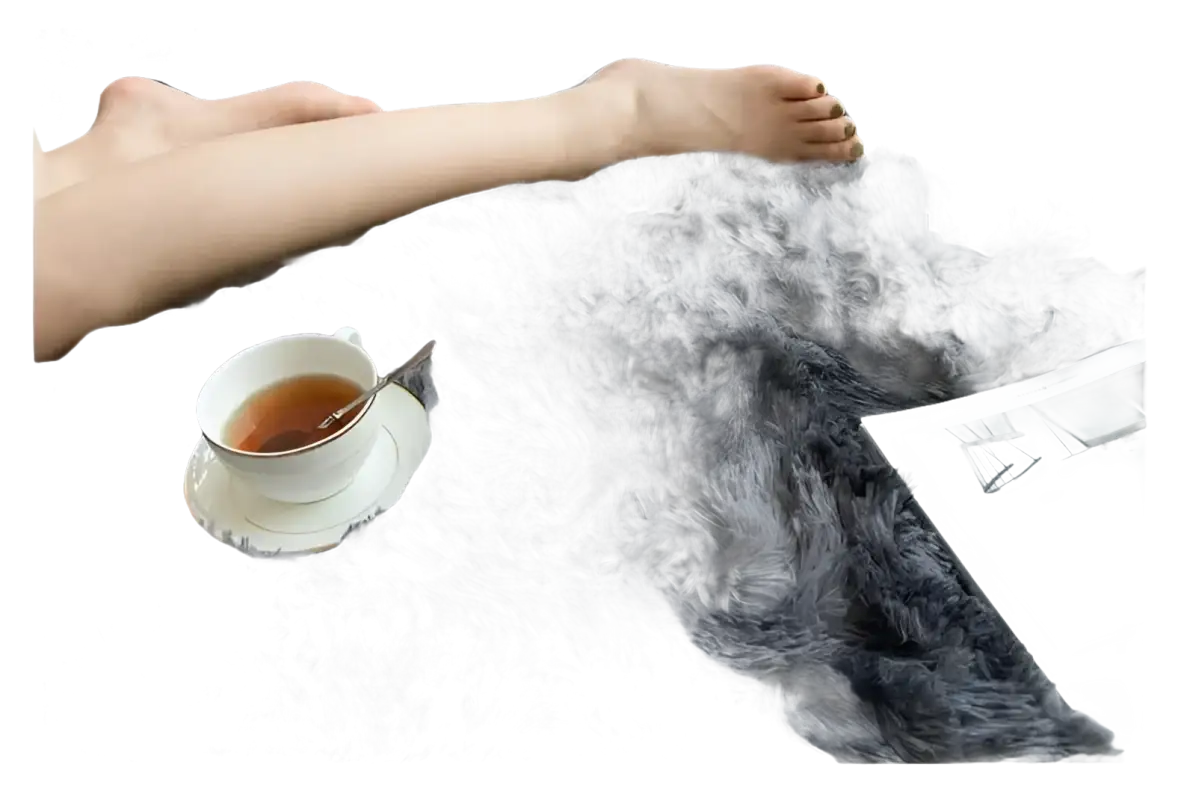Gray shag rug with tea and a magazine.