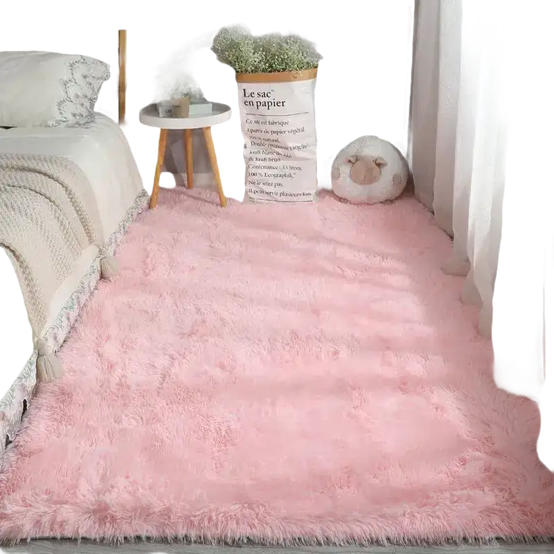 Pink fluffy rug.