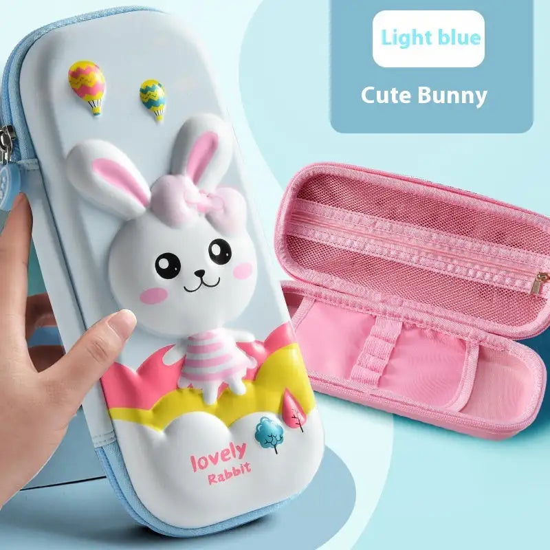 Leather Pencil Case Box - Light Blue Lovely Bunny