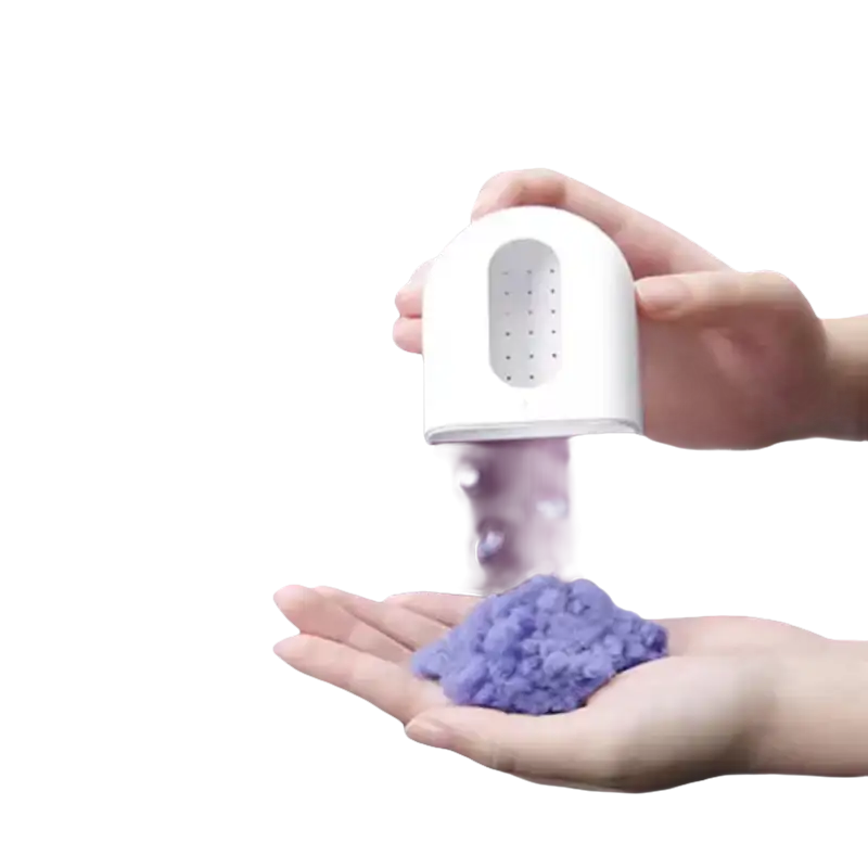 White dispenser sprinkling purple powder.