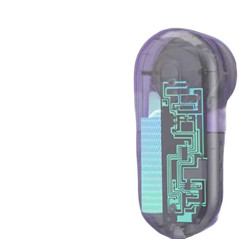 Transparent earbud with visible circuitry.
