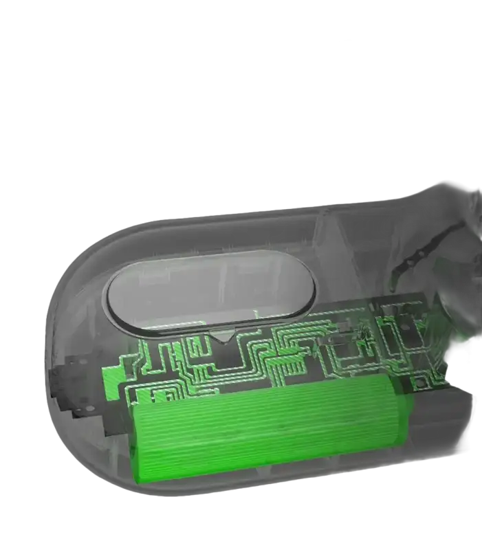 Transparent device with green battery and circuit board.