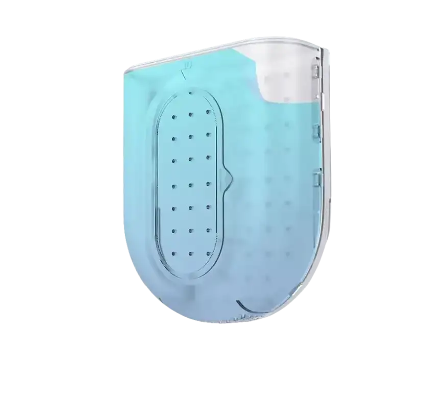 Transparent blue water tank with perforated insert.