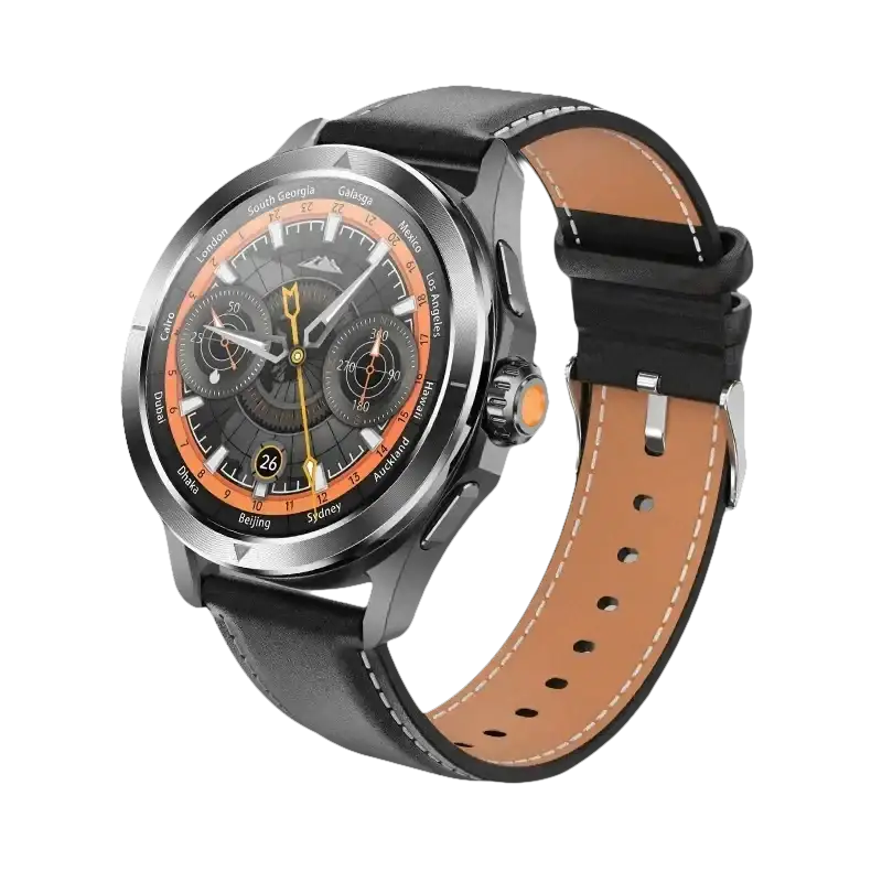 Smartwatch with leather band.