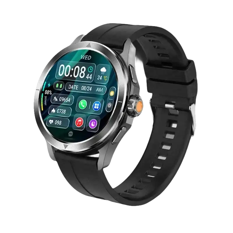 Black smartwatch with a round face.