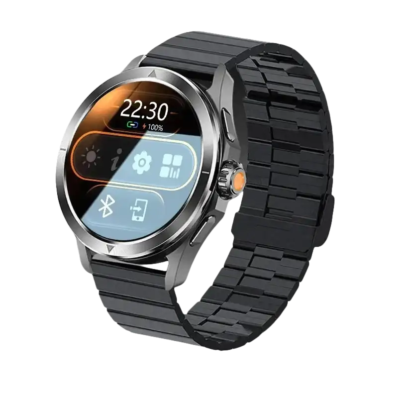 Black smart watch with metal band.