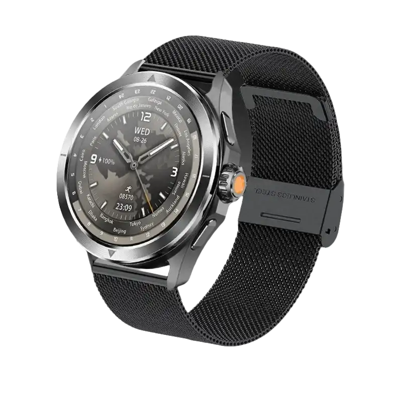 Black smart watch with mesh band.
