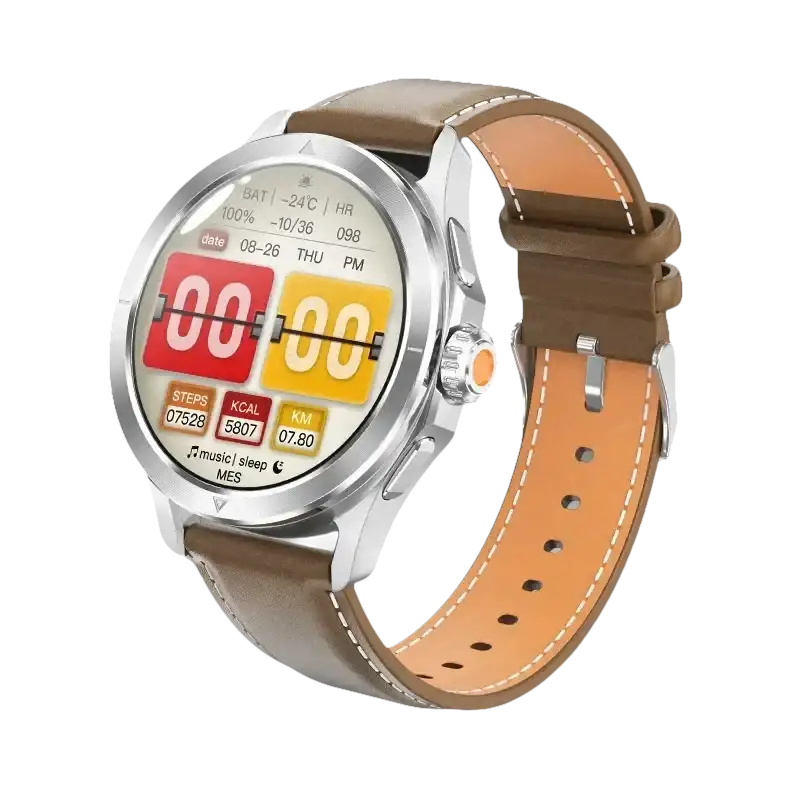 Silver smartwatch with brown leather band.