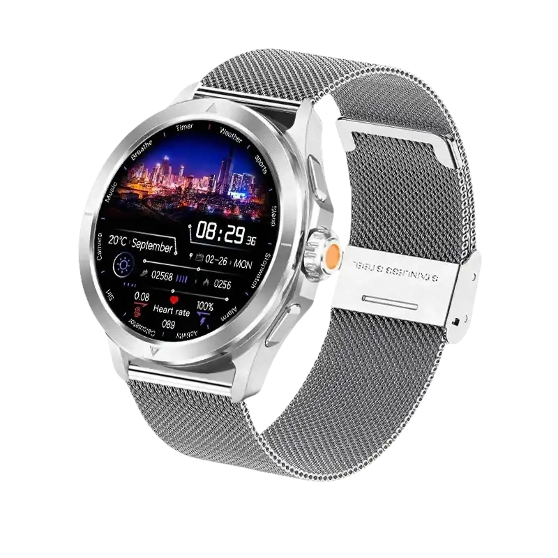 Silver smartwatch with mesh band.
