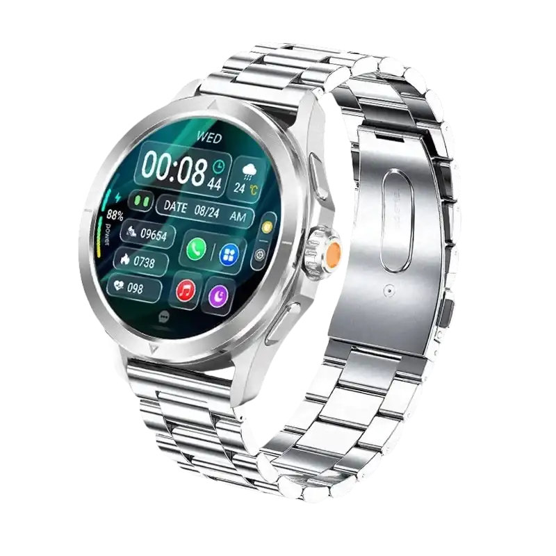 Silver smartwatch with metal band.