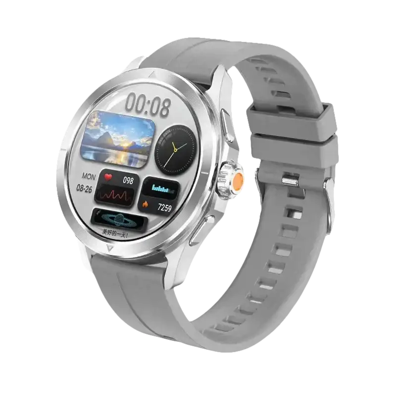 Gray smartwatch with a silver bezel.