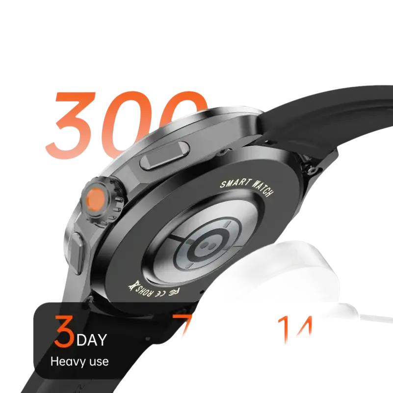 Smartwatch with wireless charging and long battery life.