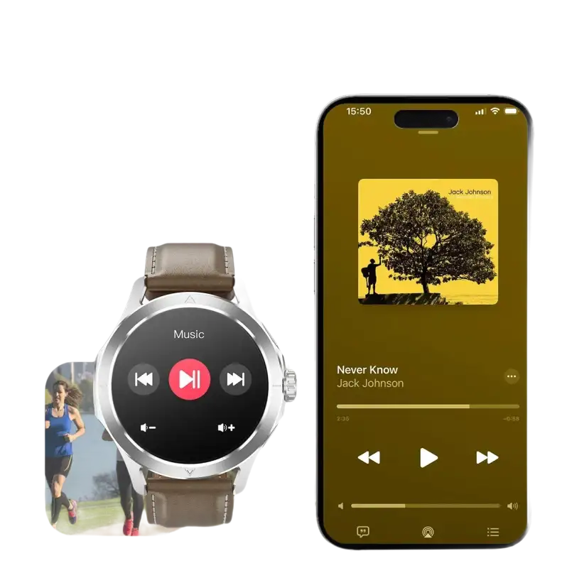 Smartwatch and smartphone displaying music controls.