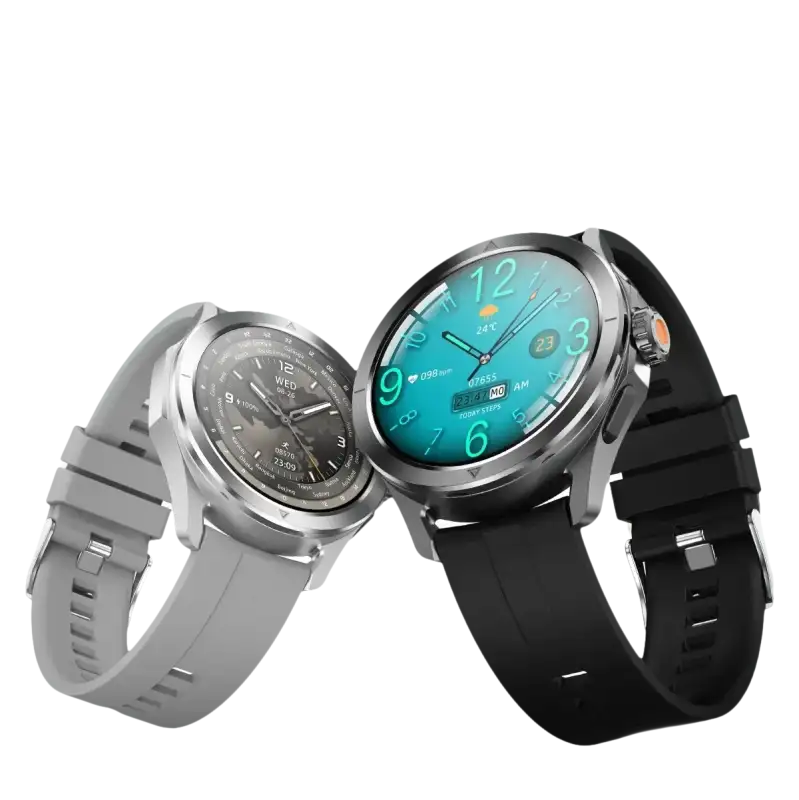 Two smartwatches with different colored bands.