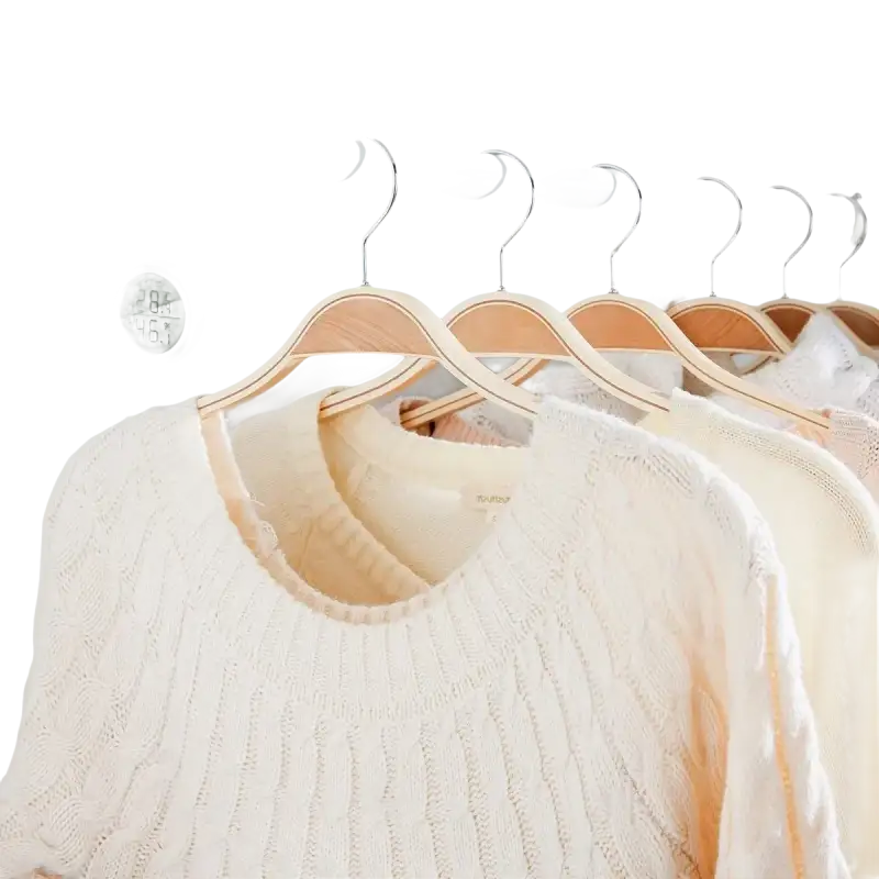 Clothes hanging in a wardrobe.