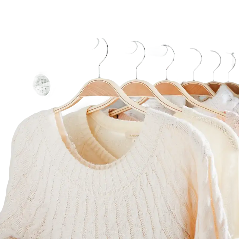 Clothes hanging in a wardrobe.