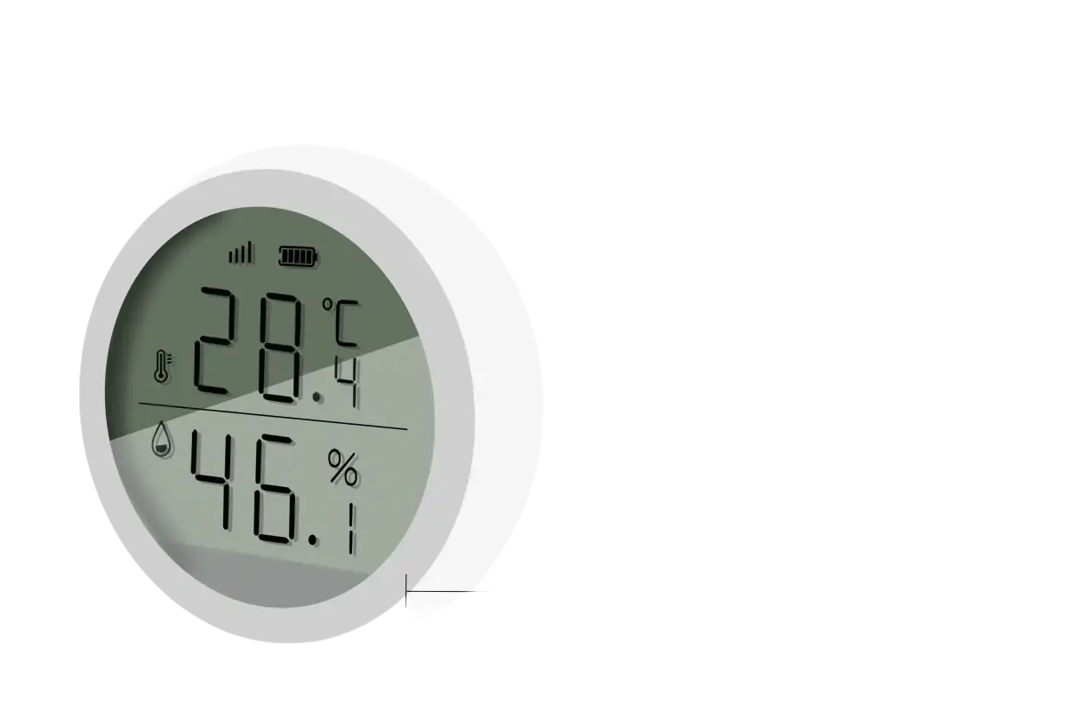 Smart temperature and humidity sensor with technical specifications.
