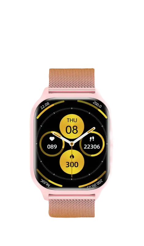 Pink smartwatch with gold band.