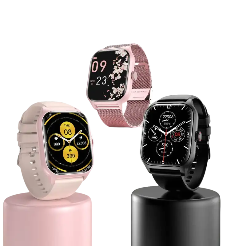 Three smartwatches with different colored bands.