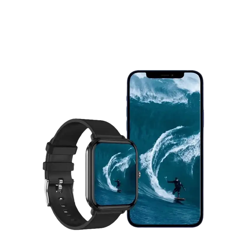 LIGE Q9 Pro smartwatch and smartphone showing surfing image with body temp music waterproof monitor