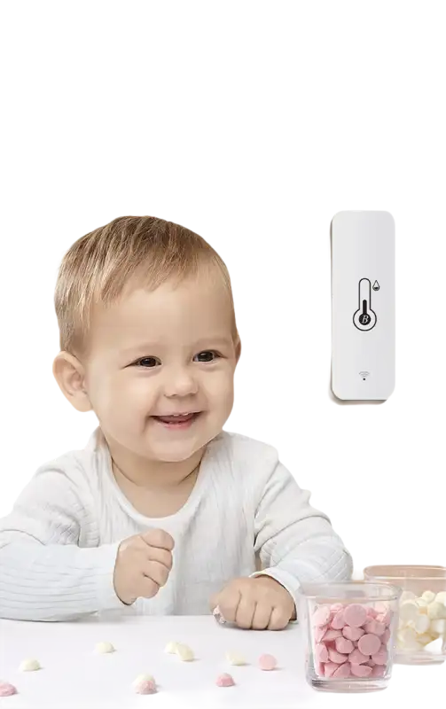 Baby near temperature and humidity sensor.