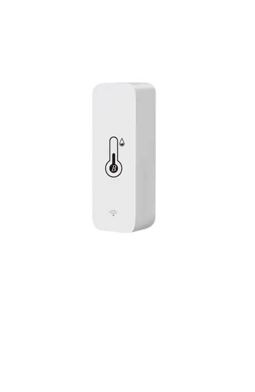 White temperature and humidity sensor with product parameters.