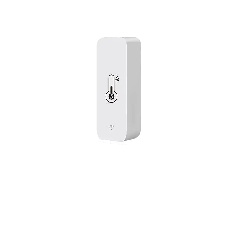 White Bluetooth thermometer and hygrometer with product specifications.