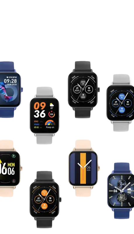 Assorted smartwatches with customizable faces.