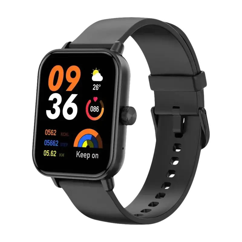 Black smartwatch with fitness tracking.