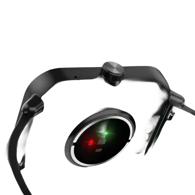 Black smartwatch with heart rate sensor.