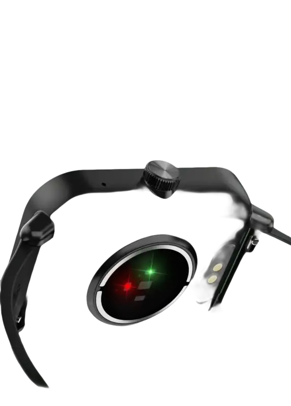 Black smartwatch with heart rate monitoring.