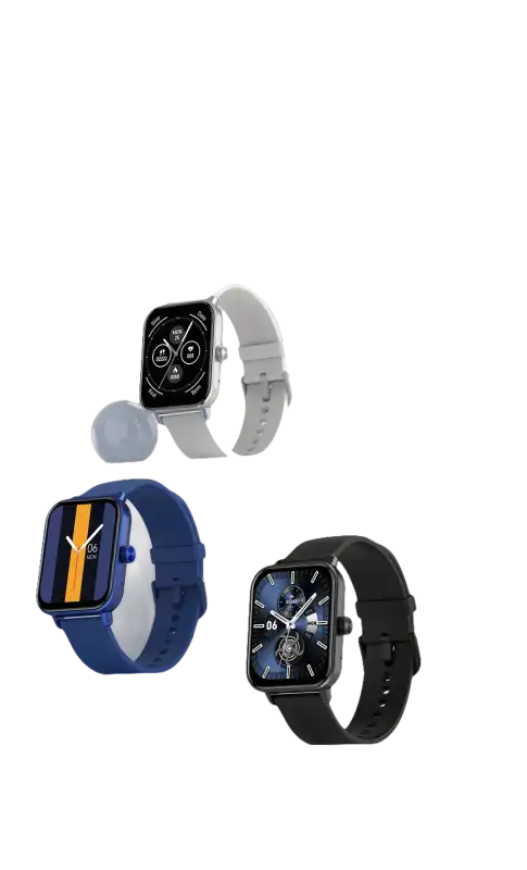Four square smartwatches with different colored bands.