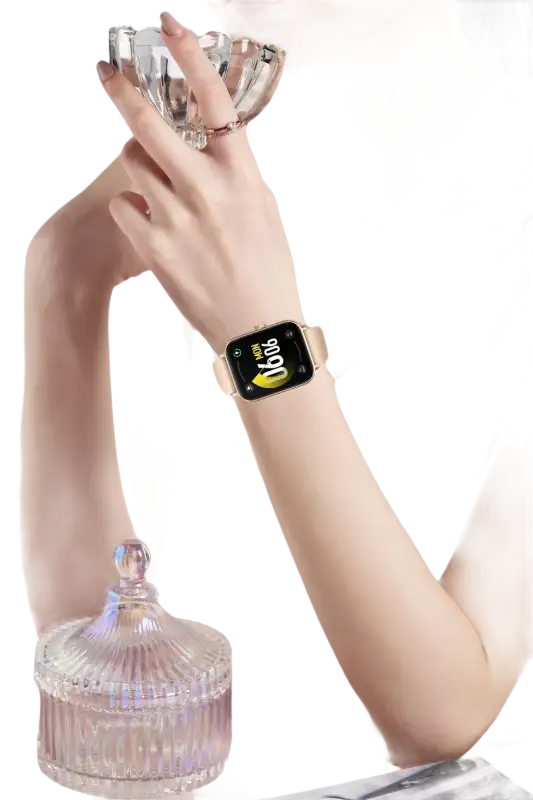 Square-faced smartwatch with light-colored band.